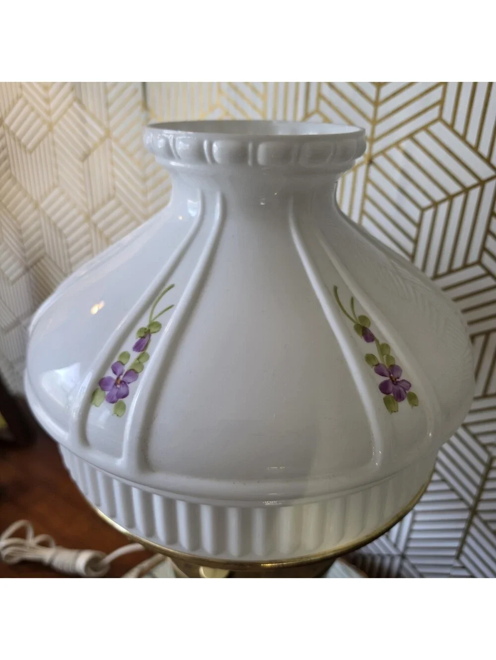 Vintage Kerosene Oil Style Brass Lamp Mill Glass Shade Purple Floral Hong Kong